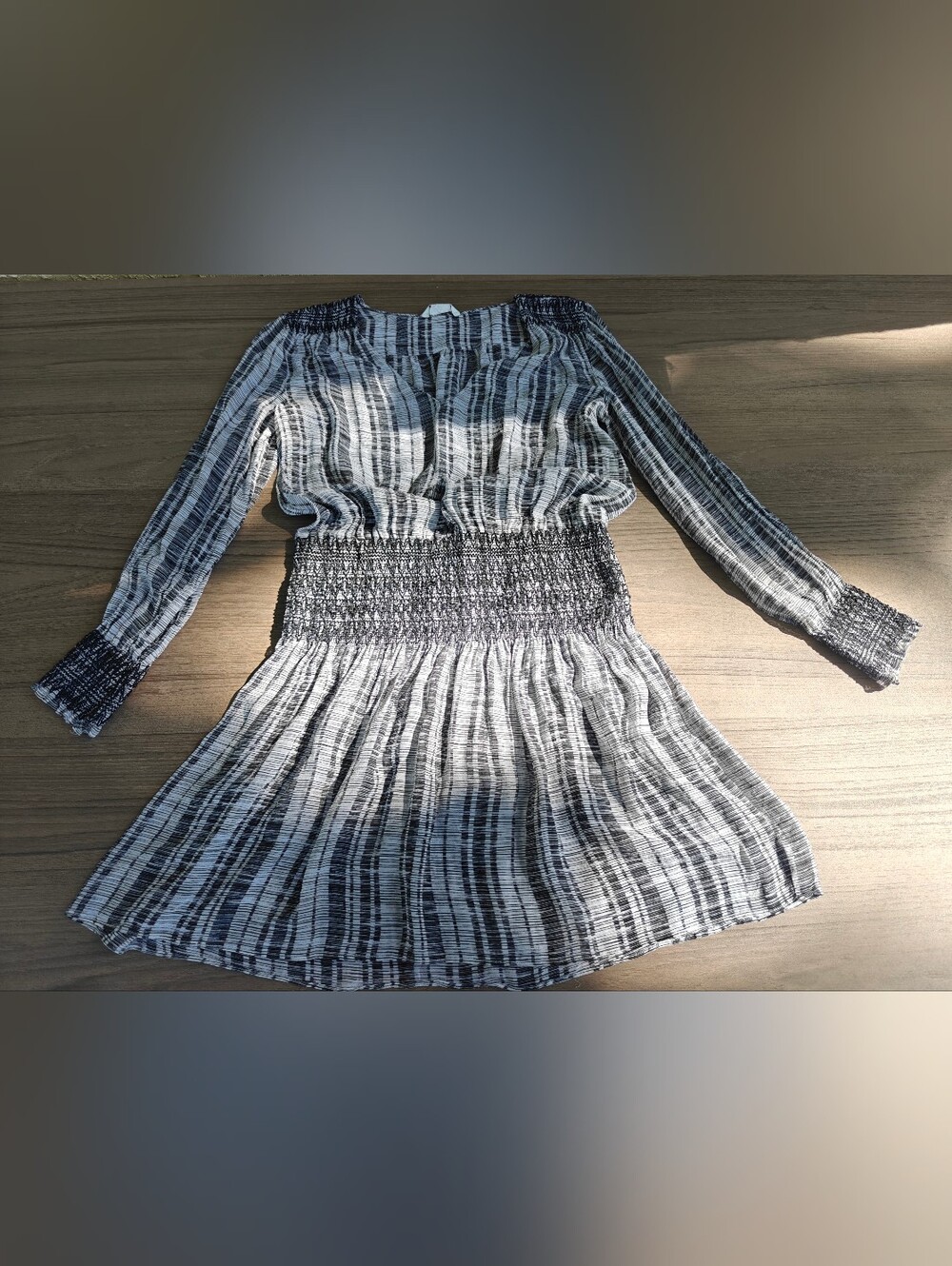 Club Monaco Black and White Long Sleeve Smocked Waist Dress